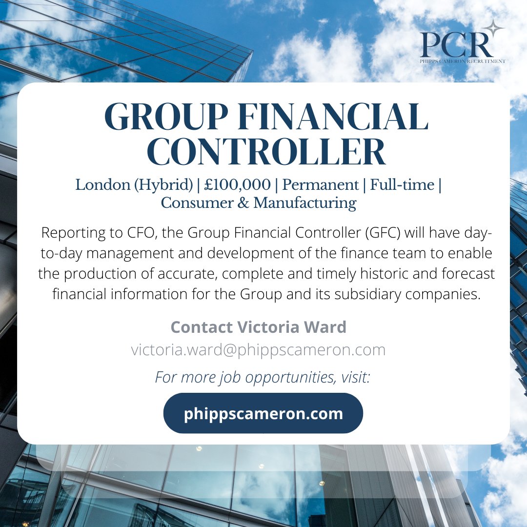 PCRecruit's tweet photo. Looking for a new position in Consumer &amp; Manufacturing? PCR has the role for you as Group Financial Controller working in London. For more details contact Victoria Ward, or visit our website: https://t.co/w50YvayOib

#Recruitment #JobOpportunity #LondonJob #FinancialServices https://t.co/vmJL2lWZX6