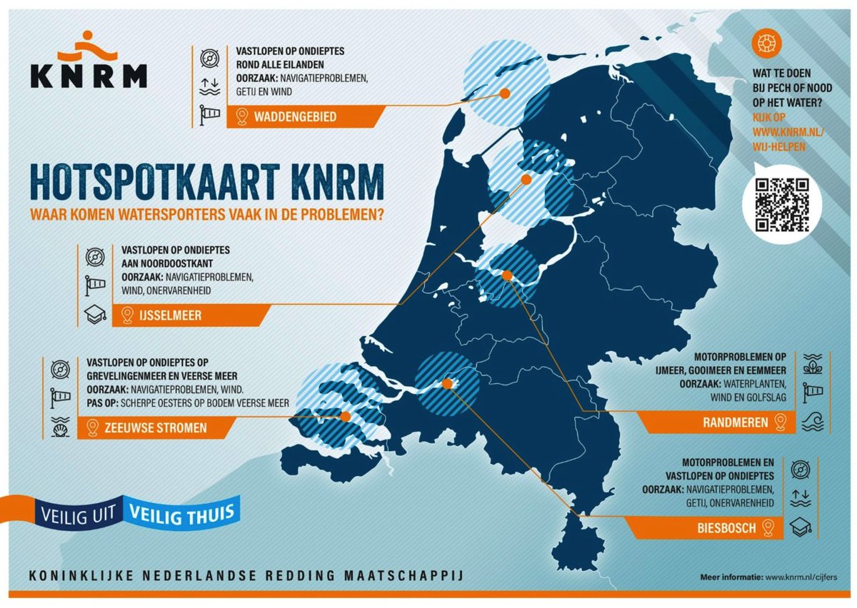 CRanzijn's tweet photo. HOTSPOTKAART KNRM:

De KNRM een hotspotkaart gemaakt. De kaart toont vijf gebieden op zee en binnenwateren waar watersporters vaak in de problemen komen en hulp nodig hebben van de KNRM.

Via de QR Code in de kaart download u de KNRM app voor als u in problemen komt https://t.co/obFlDlc7lR