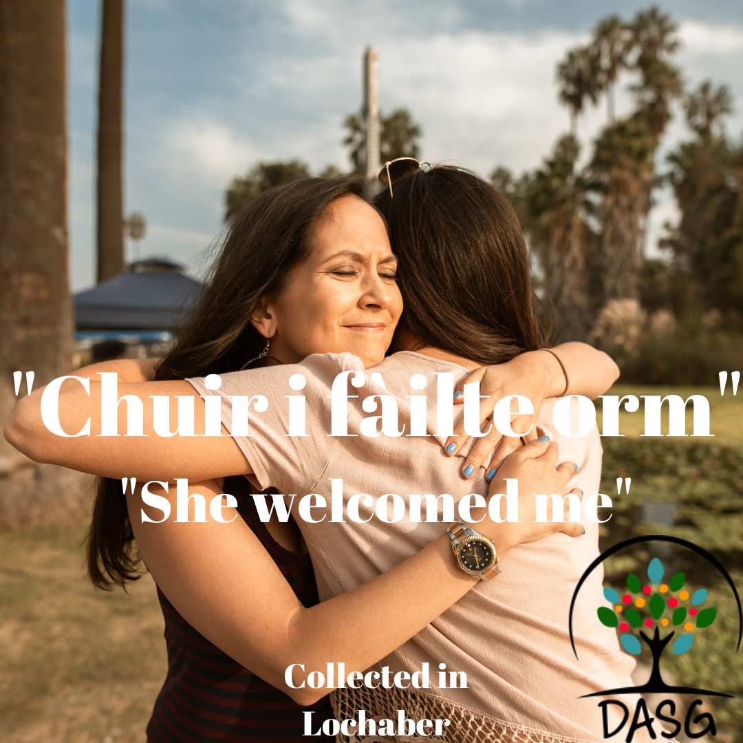 DASG_Glaschu's tweet photo. https://t.co/QQSNpDhIRp
👐
"CHUIR I FÀILTE ORM" - "SHE WELCOMED ME"
🤗
#Fàilte #Furan #Fuaran #Welcome #Welcoming #Sona #Toilichte #Sunndach
😄
#LochAbar #Lochaber #Gàidhealtachd #Highlands
#Alba #Scotland
#Gàidhlig #Gaelic #ScottishGaelic
#DigitalArchiveofScottishGaelic #DASG https://t.co/FL1KicY7nO