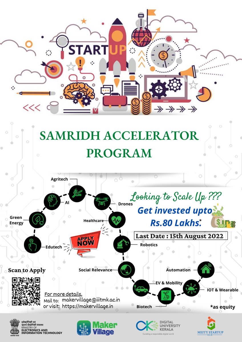 Maker Village is inviting applications for <a href="/GoI_MeitY/">Ministry of Electronics & IT</a>  SAMRIDH Accelerator program
The scheme will provide support to selected startups with equity funding upto Rs. 80 lakhs [maximum 40 lakhs from Meity and Rs 40 lakhs from a co-investor].
Apply before 15 August 202 @MSH_MeitY