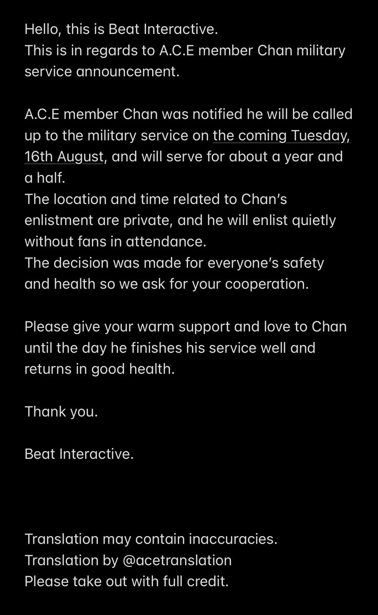 acetranslation's tweet photo. [Trans]

[Notice]

A.C.E member Chan military service announcement.

https://t.co/GOC7ORvWdH https://t.co/UdormZT9XN