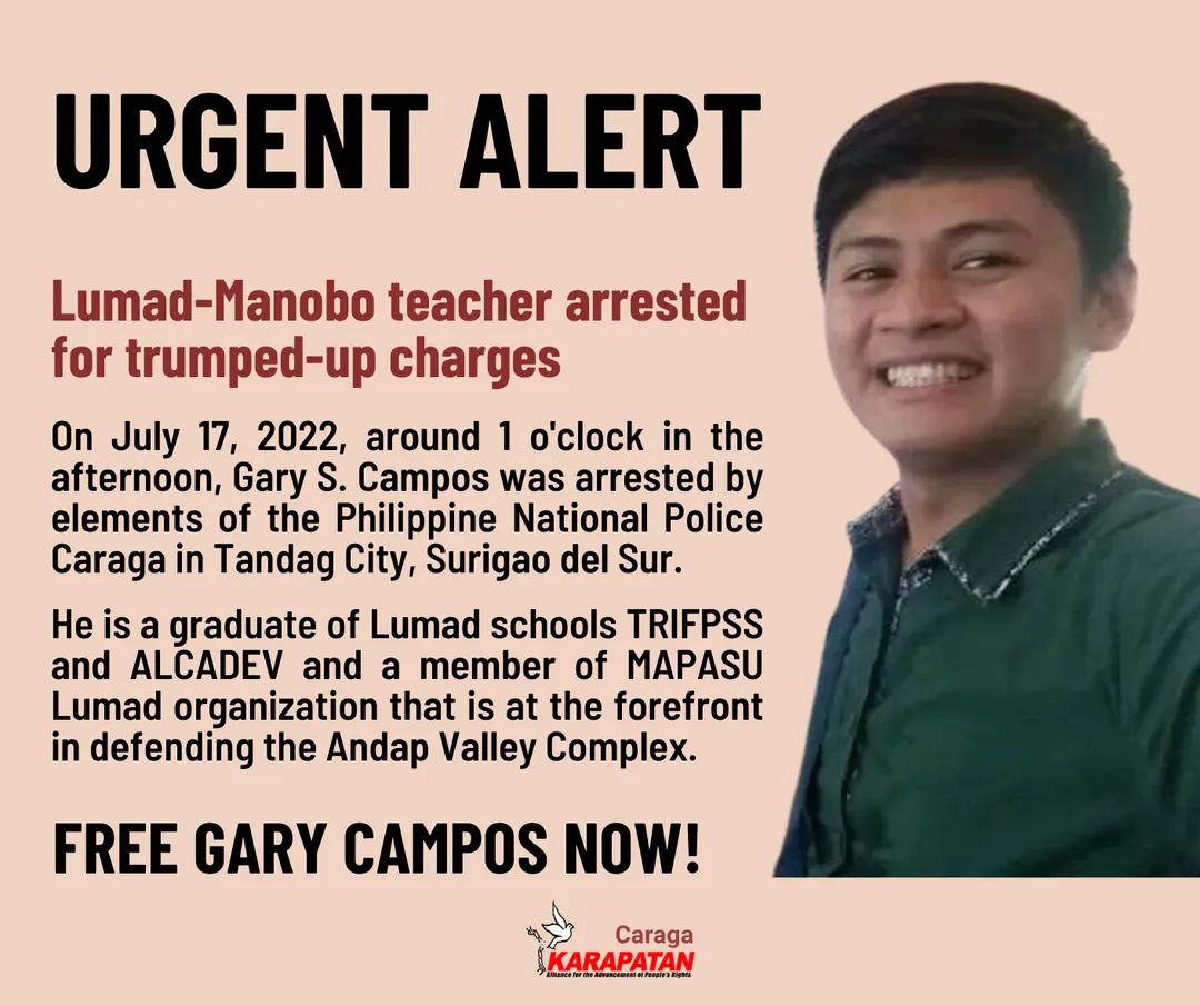 PanaghiusaPH's tweet photo. ALERT | Karapatan Caraga reports Philippine National Police Caraga's arrest of Lumad-Manobo teacher, Gary S. Campos, over a trumped-up charge in Tandag City, Surigao del Sur, July 17.
#FreeGaryCampos
#DefendAndapValley
#DefendIPHRDs
#FreeAllPoliticalPrisoners https://t.co/LxGQ7L5M5u