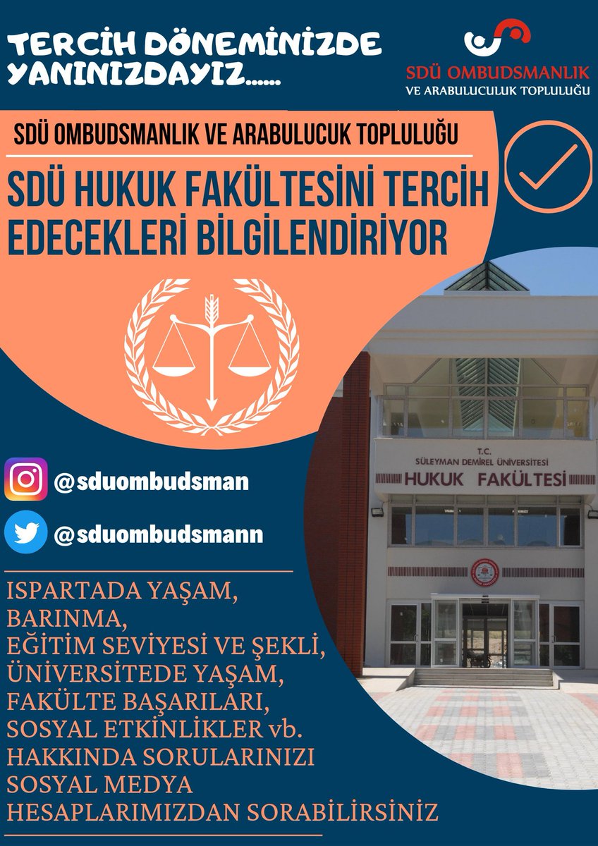 Tercih Döneminde SDÜ Hukuk Fakültesini Tercih Etmeyi Düşünen Arkadaşlarımızın Yanındayız. Sorularınızı Sosyal Medya Hesaplarımız üzerinden Bize İletebilirsiniz. #yks2022 #tercih2022 #tyt2022 #ayt2022 #hukuk #sdühukuk #hukuktercih #sdühukukunengüzelailesi