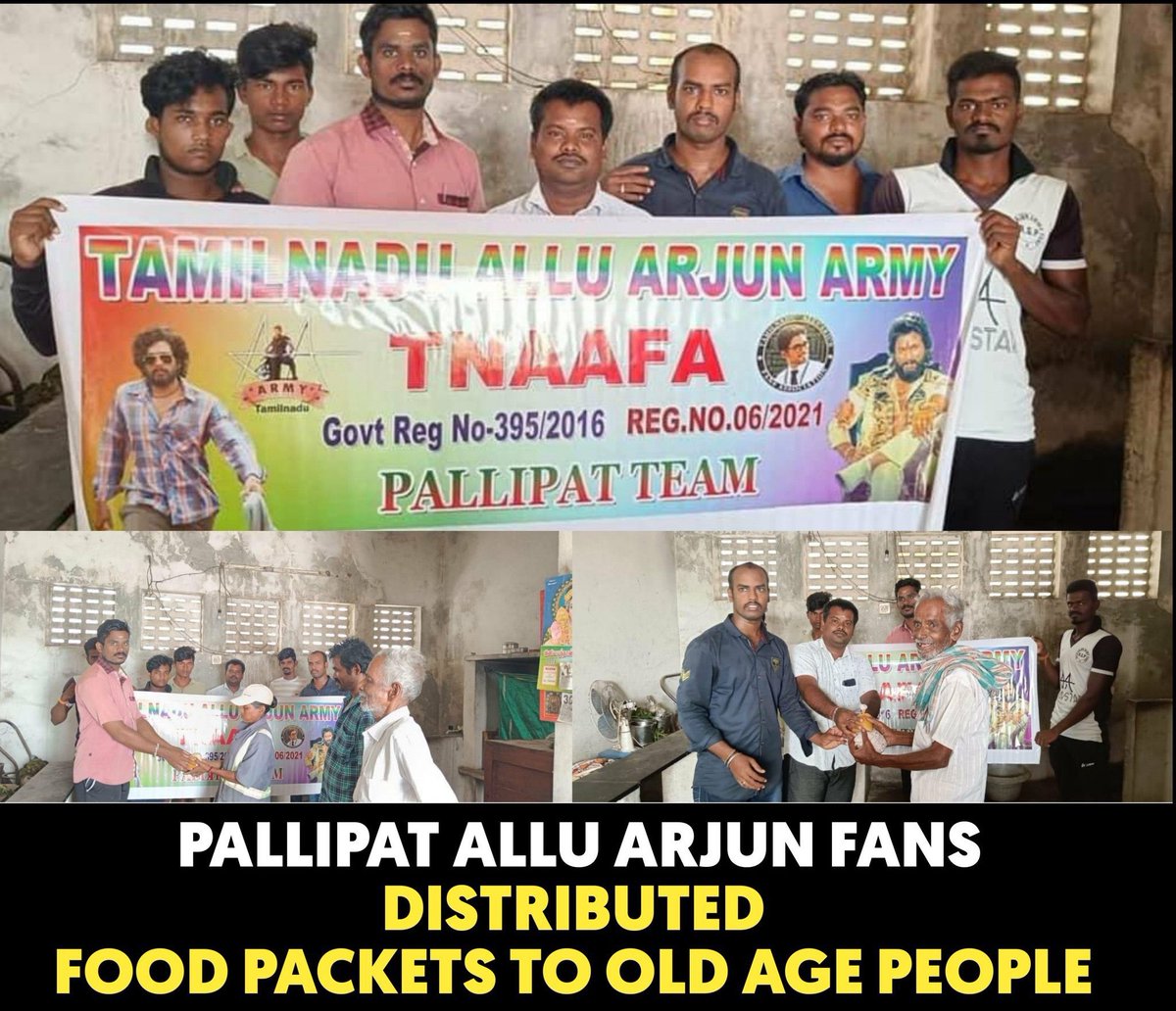 bunnyannacult22's tweet photo. Tamilnadu (pallipat) - AA Fans
Distributed food packets to old age people ❤👏

#PushpaTheRule #AlluArjun 
@alluarjun @AlluArjun_Army https://t.co/R35BBarYQI