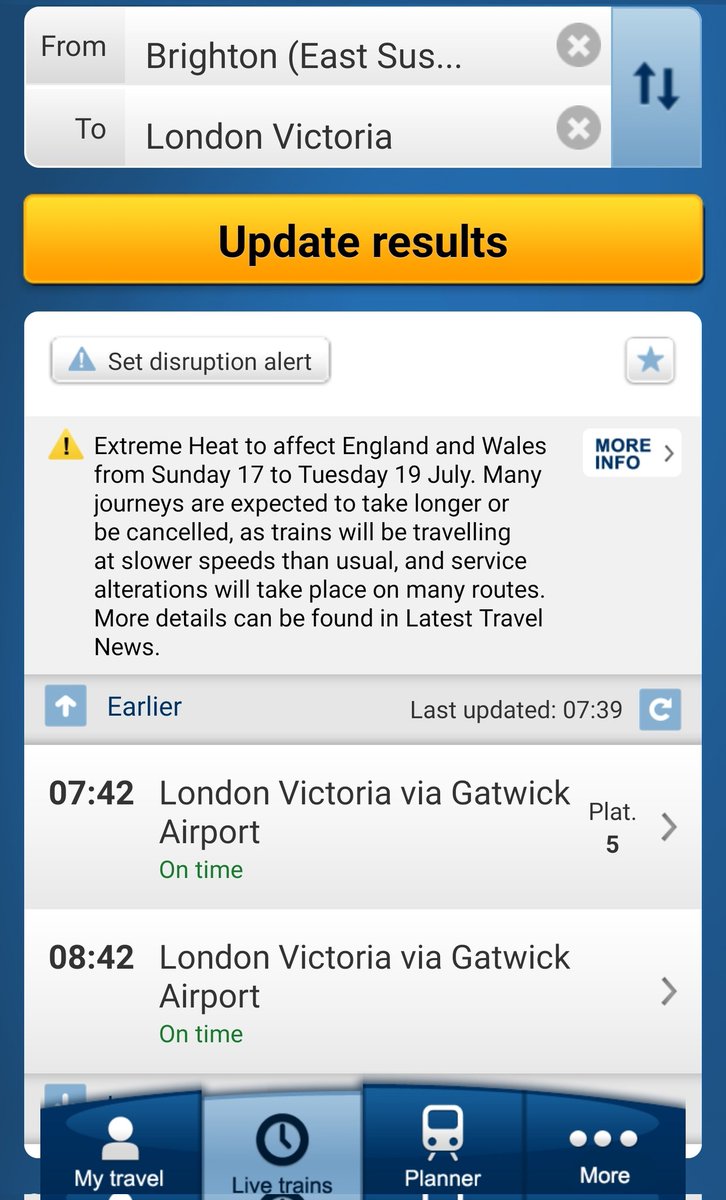 learnonthetrain's tweet photo. Hi @SouthernRailUK - you seem to be only running 1 train an hour from Brighton to London? Is that in case it gets too hot and you would have had to cancel services? #Thameslink #GatwickExpress #SouthernRail https://t.co/MIm7vkGBqq