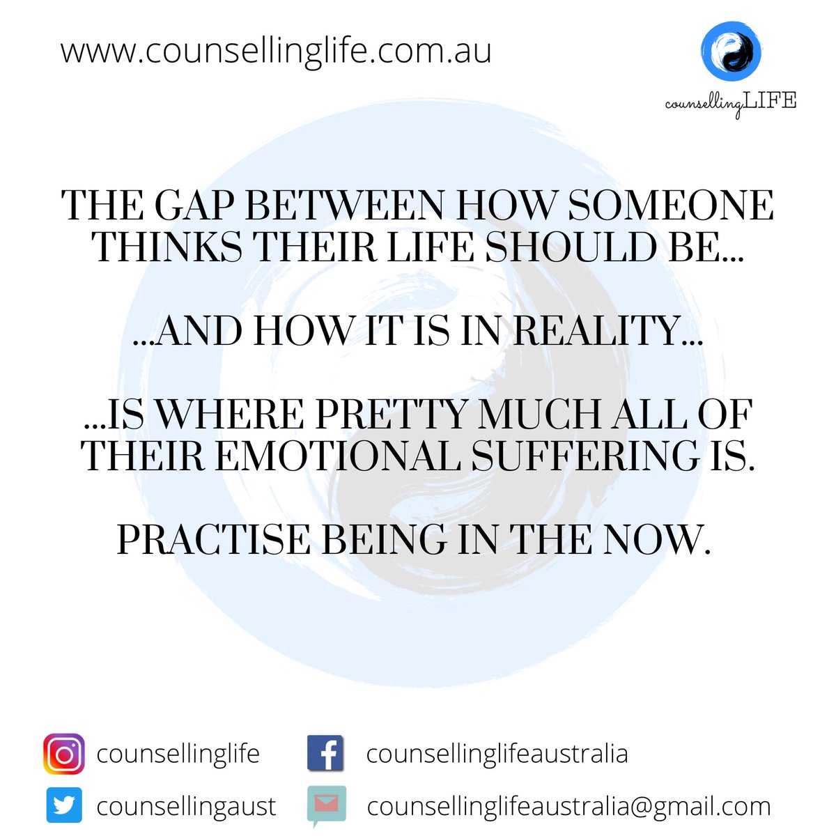 counsellingaust's tweet photo. The gap between how someone thinks their life should be and how it is in reality is where pretty much all of their emotional suffering is. Practise being in the now.
#beinthenow #beinthemoment #emotionalsuffering #howthingsshouldbe #howthingsare #realityvsexpectation https://t.co/qiCOM9lwCM