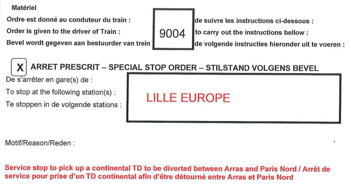 EurostarJustinp's tweet photo. Update for passengers on #ES9004 to Paris. We’ll be diverted after Lille due to vandalism on the high-speed line. There will be a brief stop in Lille to pick up a “pilot” as our driver is not trained on this route. Apologies for the likely 1 hour late arrival. https://t.co/A5doknQkiF
