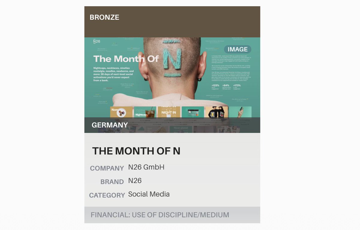 Heuserkampf's tweet image. Great news to start the week with: Our #MonthOfN campaign picked up Bronze @NYFestivals in the Financial category 🍾 Congrats, team @N26!