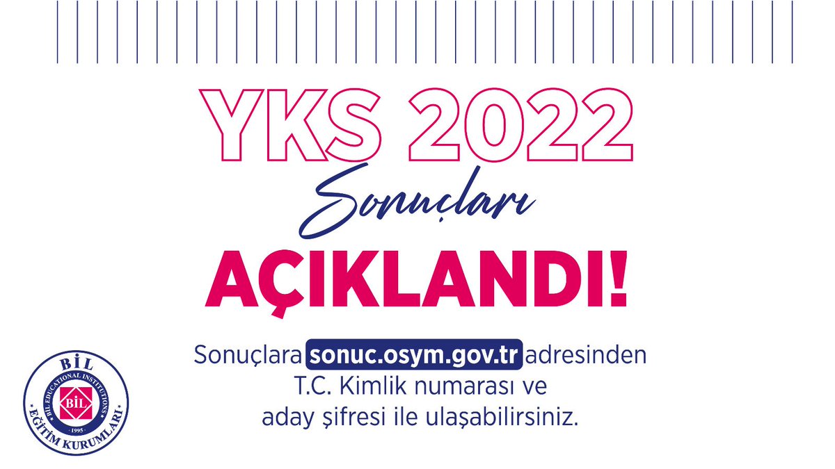 Yükseköğretim Kurumları Sınavı (2022-YKS) sonuçları açıklandı. 

Adaylar sonuçlarına sonuc.osym.gov.tr internet sayfasından ulaşabilirler. 
 #YKS #YKS2022 #YKS22 #tyt #ayt #ydt