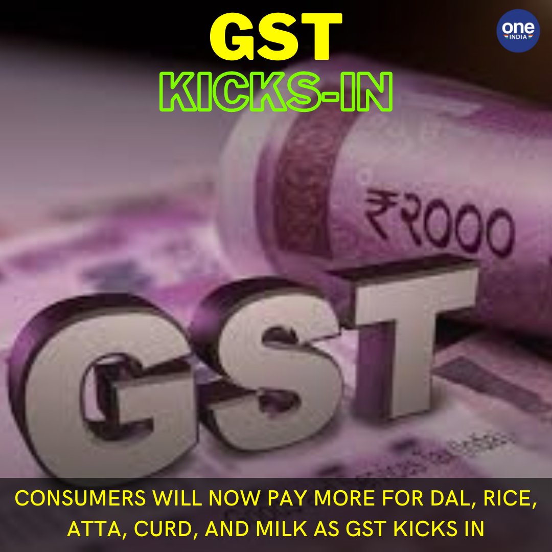 Oneindia's tweet image. #Prepackaged and #labelled items like #dal, #rice, #wheat and #wheatflour (atta)are set to get costlier from today as new goods and services tax (#GST) rates kick in.
