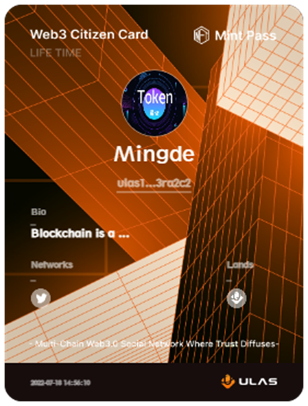 MrMingde's tweet photo. Check out my ⚛️web3.0 citizen card🏷 in ULAS! My name is Mingde, join to connect with me  🤖 https://t.co/33FpuajDMD
 #web3 #ULAS #cyber #cosmos #NFT #DID #metaverse
 via @ulas_network https://t.co/nNuZ5RzeZm