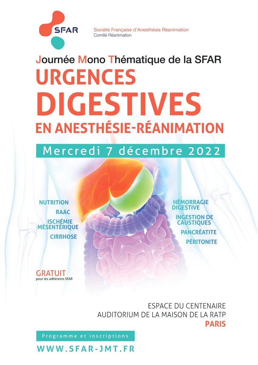 📆 Le 07/12/22, JMT SFAR 2022 "Urgences Digestives"

📍Espace du Centenaire, auditorium de la RATP, 189 rue de Bercy, 75012 PARIS

✅ Programme et inscription ici ➡️ sfar-jmt.fr/journee-monoth…

<a href="/SFMU_MS/">SFMU</a> <a href="/info_sfcd_achbt/">SFCD-ACHBT</a> <a href="/acad_chirurgie/">Académie nationale de chirurgie</a> <a href="/SPILF_/">SPILF</a> <a href="/AssoFrChirurgie/">AssoFrChirurgie</a> <a href="/AJARFrance/">AJAR France 🇫🇷</a> <a href="/cnear_fr/">CNEAR Anesthésie Réanimation</a>