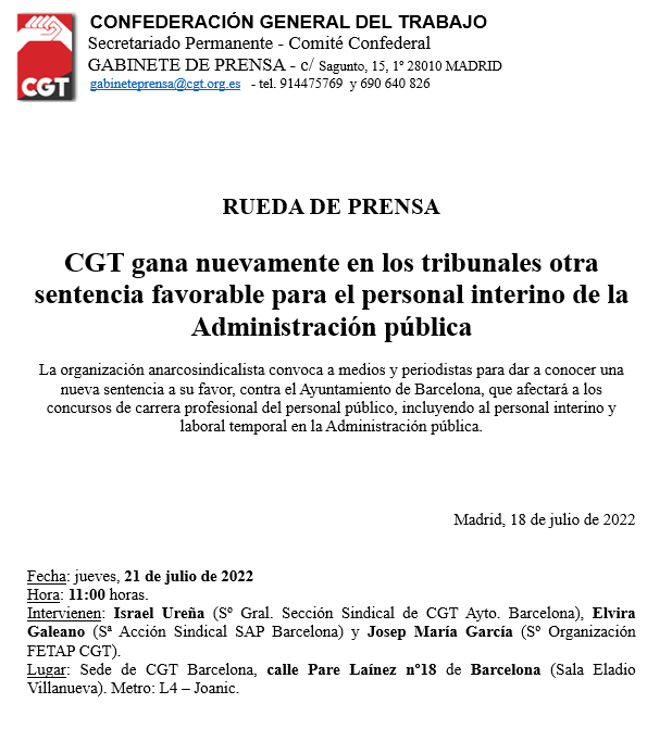prensacgt's tweet photo. #RuedaPrensa #Interinxs #Barcelona
@CGT @CgtFetap @CGTBarcelona gana nuevamente en los tribunales otra sentencia favorable para el personal interino de la Administración pública. https://t.co/f68eG2Wc2W