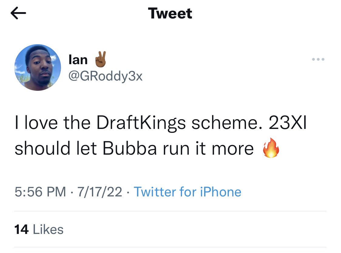 DarfNation's tweet photo. yeah 23xi should just let bubba run it even if dk ain’t cutting a check to pay for more races. i’m sure jordan and hamlin will just foot the bill then right? #darf https://t.co/u0lxgYekO1