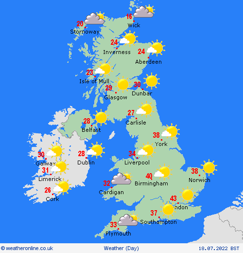 weatherschool's tweet photo. The first of the unprecedented hot days where we may just see a high temperature get close to or hit 40C. Plenty of sunshine about today with largely dry conditions. Stay cool! #weather #ukweather #mondayweather https://t.co/dnzXo3hHAv