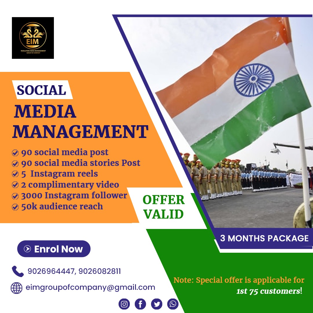 EIM_Groups's tweet photo. Social media management Independence day special 3 months package offer:

Offer valid 20 July to 15 Aug 2022 and the price is just 6999+ GST! Valid for 1st 75 customers!

Grab yours now!

Note: Special offer is applicable for 1st 75 customers! So, enroll now!

Contact us. https://t.co/W0gLQVYf5m