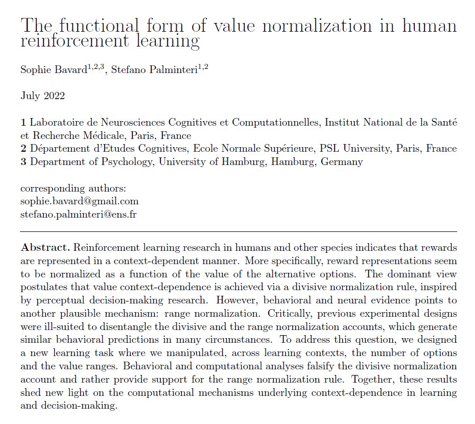 Our latest preprint is finally out! 🚨 I am beyond excited about this study, where <a href="/StePalminteri/">Stefano Palminteri</a> and I challenge the idea that divisive normalization provides a satisfactory account for context-dependence in human decision making 🧵
biorxiv.org/content/10.110…