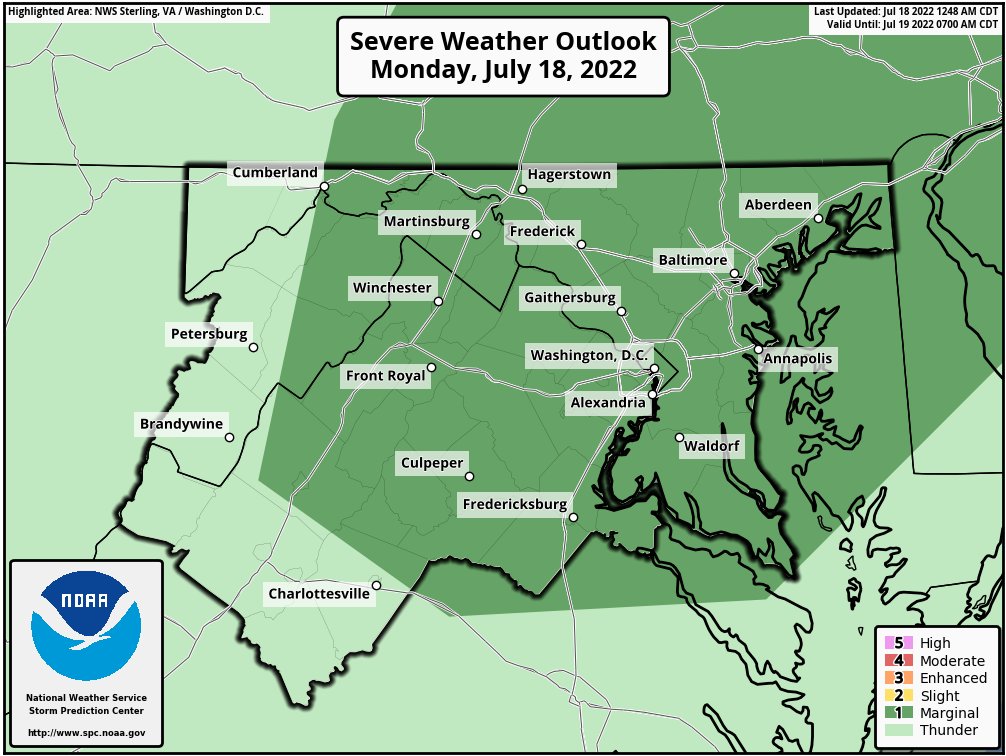 There is a marginal risk of severe weather this afternoon and evening from @NWSSPC. Damaging winds are the primary threat, though isolated instances of flooding are possible. #DCwx #MDwx #VAwx #WVwx