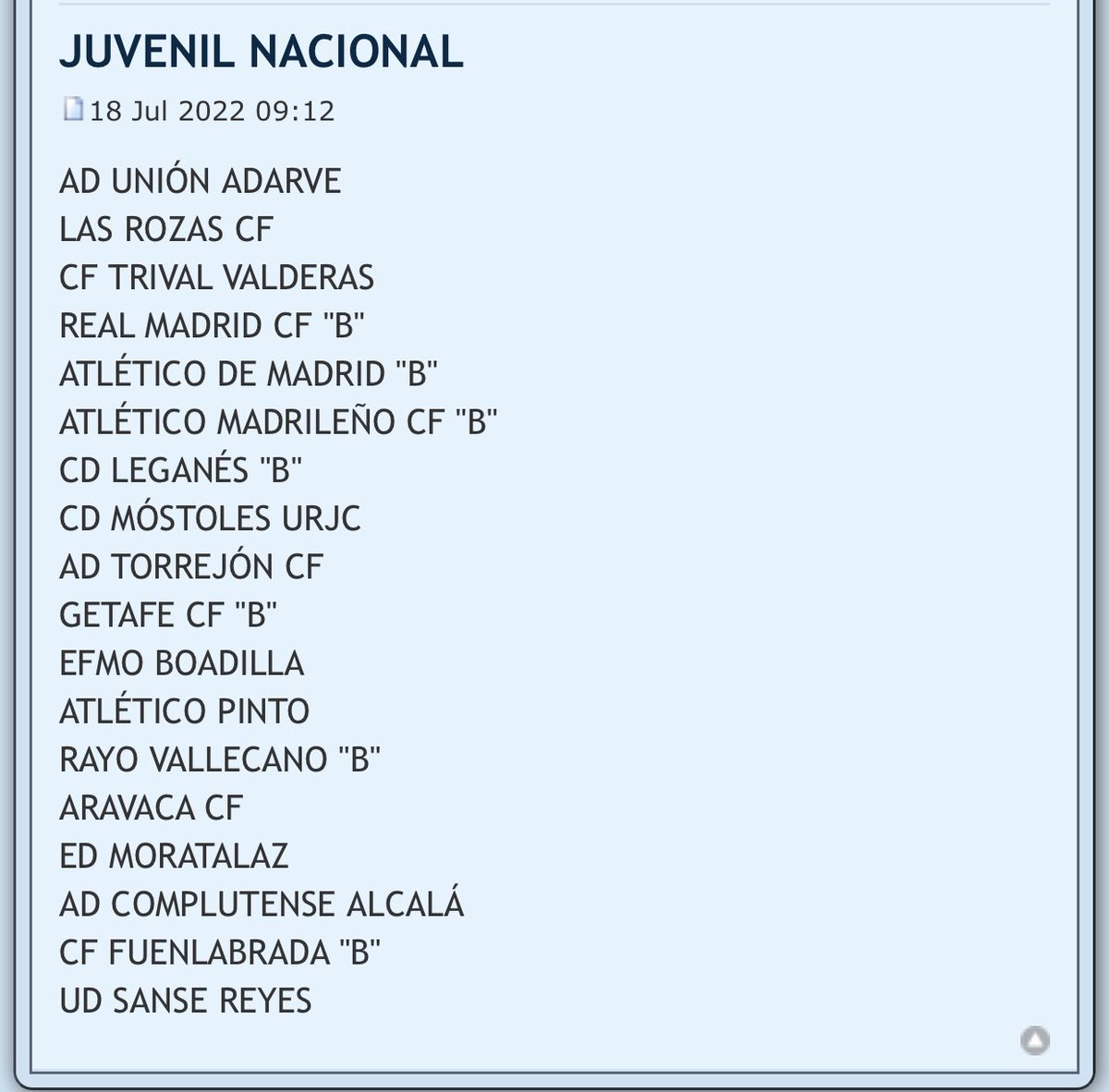 JUVENIL NACIONAL |

Sin duda, el grupo con más nivel de los últimos años. Estos equipazos compondrán el grupo madrileño, donde disfrutaremos de partidazos. 

#FútbolBaseMadrid