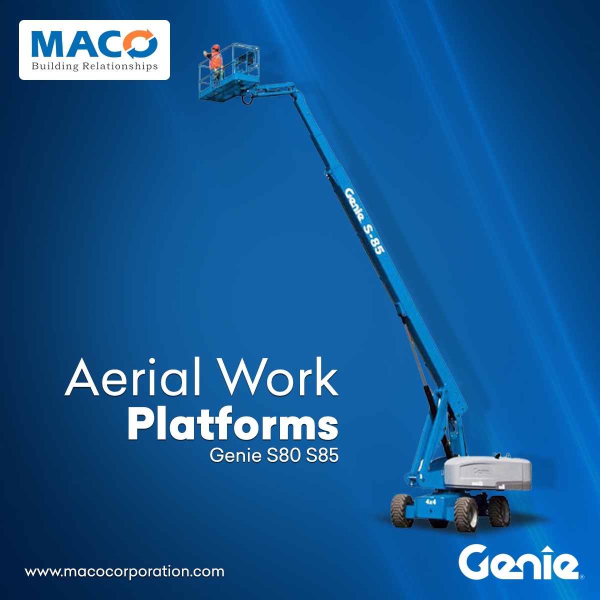 MacoCorporation's tweet photo. Maximize Safety while Operating at High Ground by opting for Industry Standard Genie Aerial Work Platforms. Contact us with your Enquiry at info@macocorporation.com or Direct Call us at +91 9978997537

#aerialworkplatform #awp #genieawp #awprental #genierental #rentalequipment https://t.co/eChAqWyPQD
