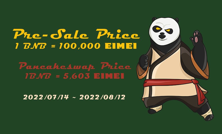 EimeiToken's tweet photo. EIMEI 🪂GIVEAWAY🪂

⏰ Time: 2022/07/14 ~ 2022/08/12
💴 Amount: 1,000,000,000 EIMEI
🈹 ICO Price: 0.00240$
💹 Pancakeswap Price: 0.03996$
💰 Buy now: https://t.co/8jN2BchQ8o
#Presale #ICO #IDO #Coinlisting #CoinMarketCap #CoinGecko https://t.co/oG3JLRI0RB