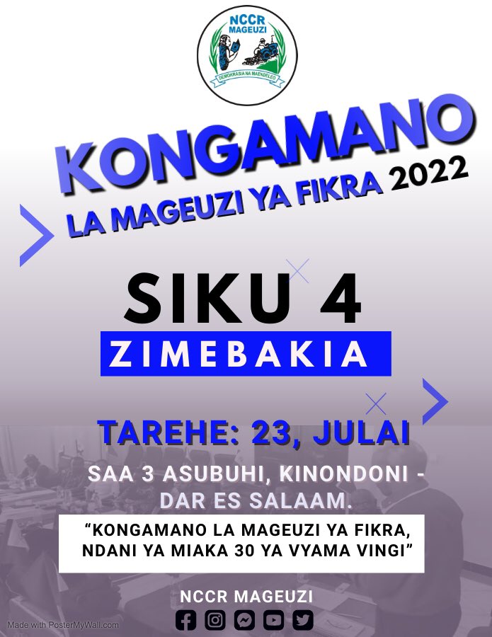 📌 KONGAMANO LA MAGEUZI YA FIKRA

Kuelekea #KongamanoLaMageuziYaFikra zimebakia siku 4.

📍Tukutane, Tarehe 23 Julai 2022. 
📍Eneo: Kinondoni, Dar Es Salaam.
📍Kuanzia saa 3:00 Asubuhi.

Nyote mnakaribishwa!

#UtuItikadiYetu 
#TheFutureIsBlue 
#TumeanzaUpyaaaa