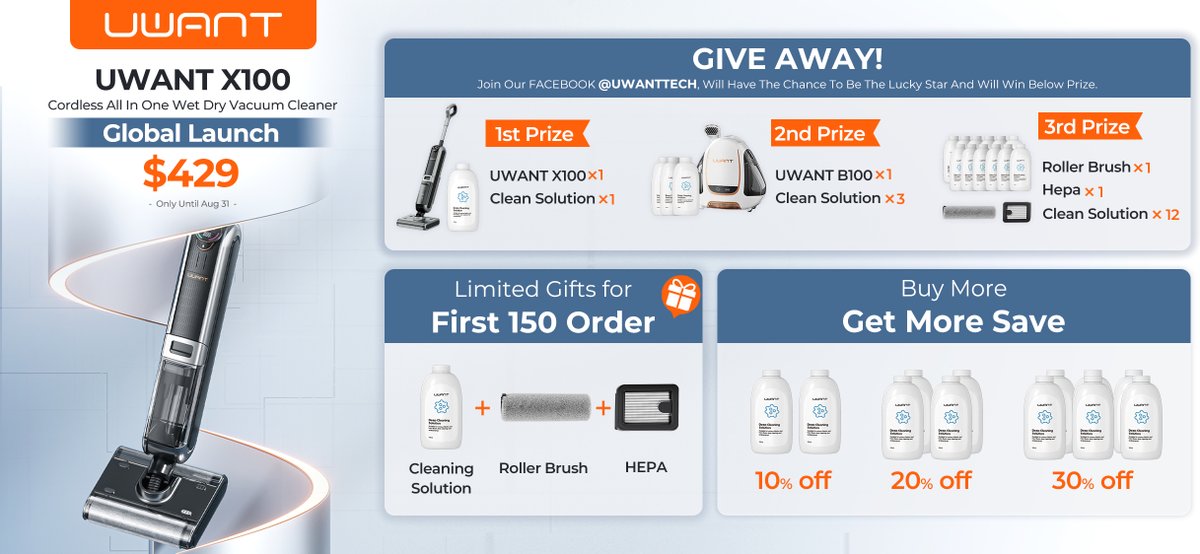 UWANT_global's tweet photo. UWANT X100 Cordless All In One Wet Dry Vacuum Cleaner  will be launched on the 18th July❗️
👏Let's CELEBRATE 
More giveaway please Follow our FB @Uwanttech
Notice:
European release date: Starts 18th July
US release date: Mid-August
Friends in the United States please be patient~ https://t.co/DgcBiIJ0oU