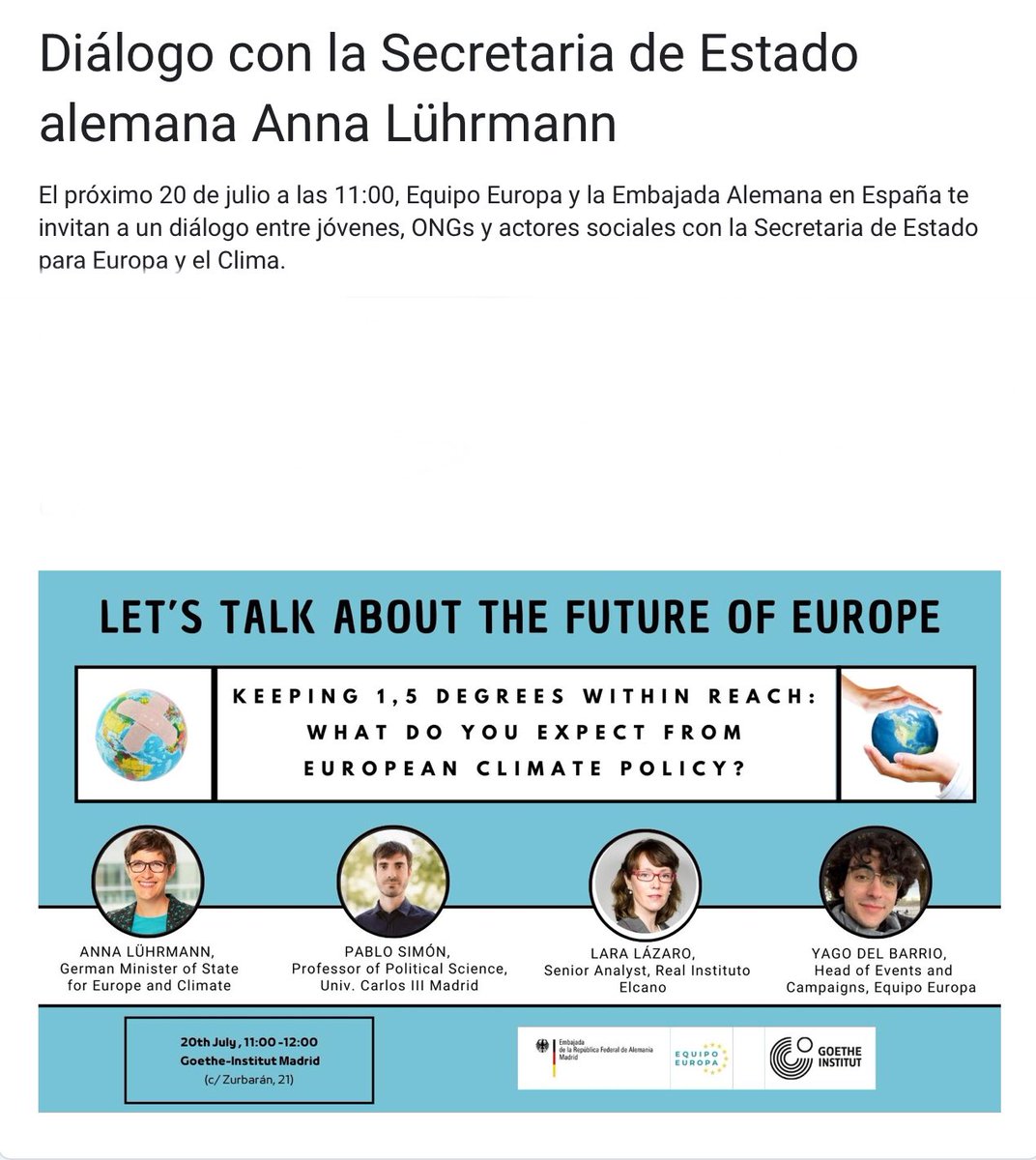 sombradoble's tweet photo. Para conocer la política climática europea, evento q organiza @AlemaniaDiplo y @Equipo_Europa #20Jl @GIMadrid
Con la Secretaria de Estado 🇩🇪 @AnnaLuehrmann @kanciller @lazarotouza @BarrioYago
#ClimateEmergency + dependencia energética🤷🏻♂️
Inscripciones👇
https://t.co/rxBq6FaCkF https://t.co/uim23TMVlN