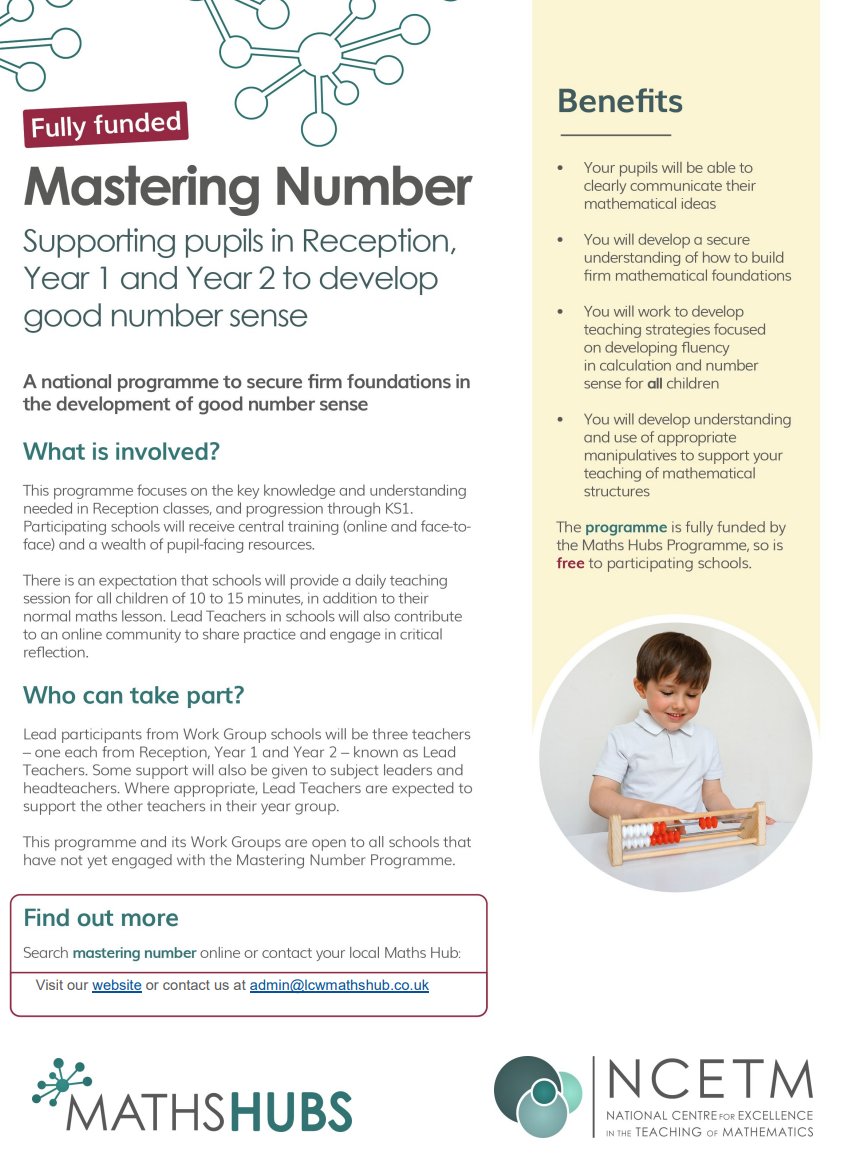 Mastering Number - We are pleased to again offer a this highly successful fully funded project, which focuses on developing firm foundations in the development of good number sense for all children from Reception through Year 1 and Year 2. lcwmathshub.co.uk/mastering-numb…