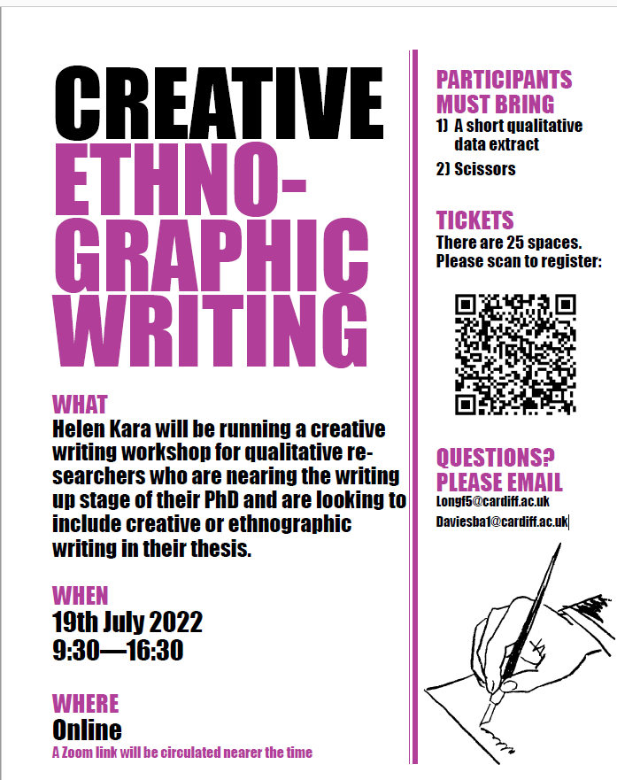 Dr Fiona Long (@fiona_long_) on Twitter photo Final chance for @WalesDTP students to sign up to the Creative Ethnographic Writing workshop with <a href="/DrHelenKara/">Helen Kara 🇺🇦 #FreeUkraine</a>!
Just scan the QR code or click here: forms.office.com/r/2w7N4J8mvd Final chance for @WalesDTP students to sign up to the Creative Ethnographic Writing workshop with <a href="/DrHelenKara/">Helen Kara 🇺🇦 #FreeUkraine</a>!
Just scan the QR code or click here: forms.office.com/r/2w7N4J8mvd