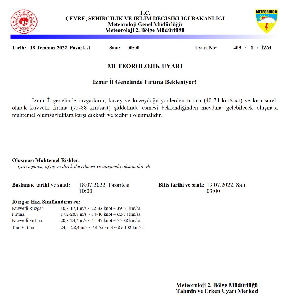 Değerli İzmirliler;

Meteoroloji Genel Müdürlüğü verilerine göre, bugün ilimizde kuvvetli fırtına beklendiğinden, meydana gelebilecek çatı uçması, ağaç ve direk devrilmesi, ulaşımda aksamalar vb. muhtemel olumsuzluklara karşı dikkatli ve tedbirli olmanızı istirham ediyorum.