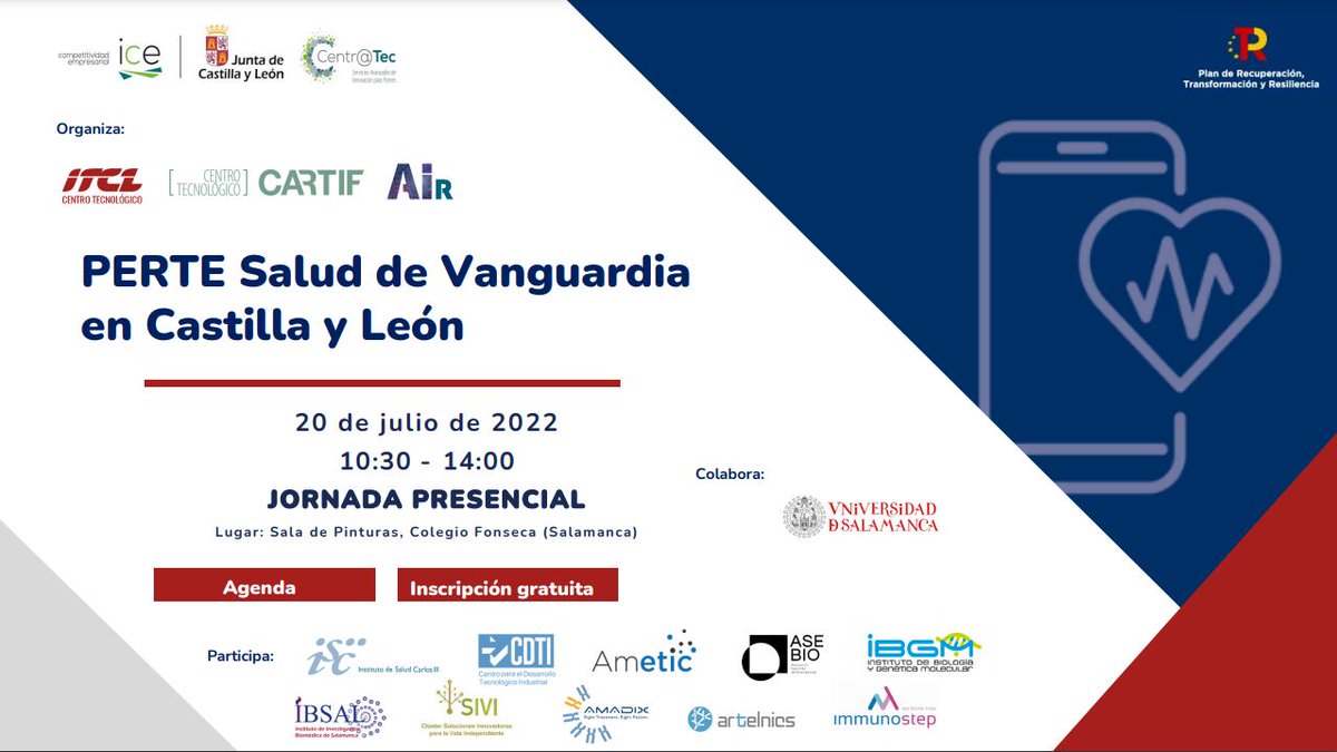 🔔¡Tienes una cita! Te esperamos esta semana para hablar sobre las nuevas oportunidades que el #PERTE de #salud traerá a la comunidad de Castilla y León.
📆 20 Julio 
📍 Colegio Fonseca, Salamanca
🗣 cutt.ly/MLHRrkT
📝cutt.ly/rLHEH5r 

#CENTRATEC <a href="/empresasjcyl/">Competitividad Empresarial JCyL</a>
