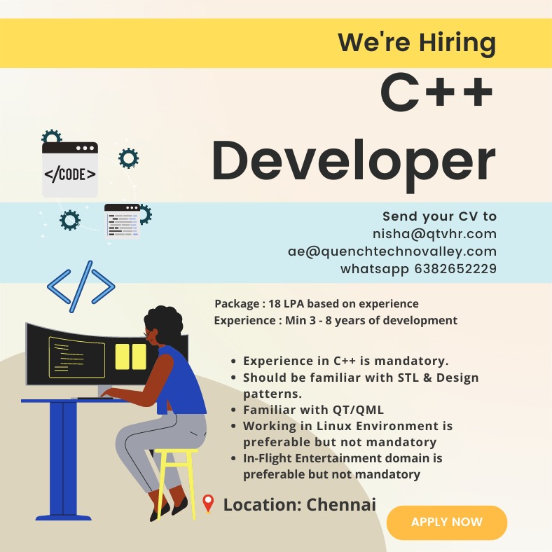 QuenchValley's tweet photo. C++ Developer (3-8 yrs) and  - CTC To Be offered – up to 17 LPA (Max)
Exp: 3to8 yrs
Experience in C++ is mandatory. 

Mail Us: nisha@qtvhr.com and ae@quenchtechnovalley.com
Whatsapp: 6382652229
Visit Us: https://t.co/C0Jwjmq8ii

#jobhiring #cdeveloper #developerjobs https://t.co/hmijAqZCsj