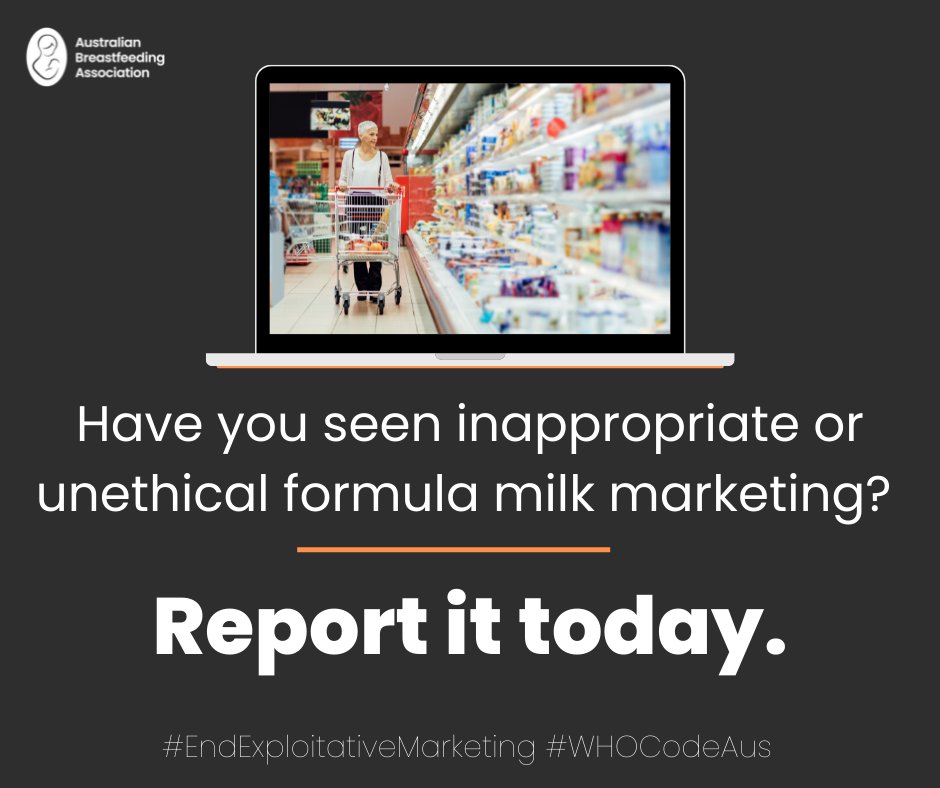 OzBreastfeeding's tweet photo. Have you seen unethical marketing of formula, bottles/teats, or food targeted at under 6 months of age?
Please report breaches of the WHO Code to help us discover the reach and impact of this marketing in Australia. Lodge a report at https://t.co/du2o8u7SbA
#WHOCodeAUS @_PHAA_ https://t.co/68ShMjrAGm