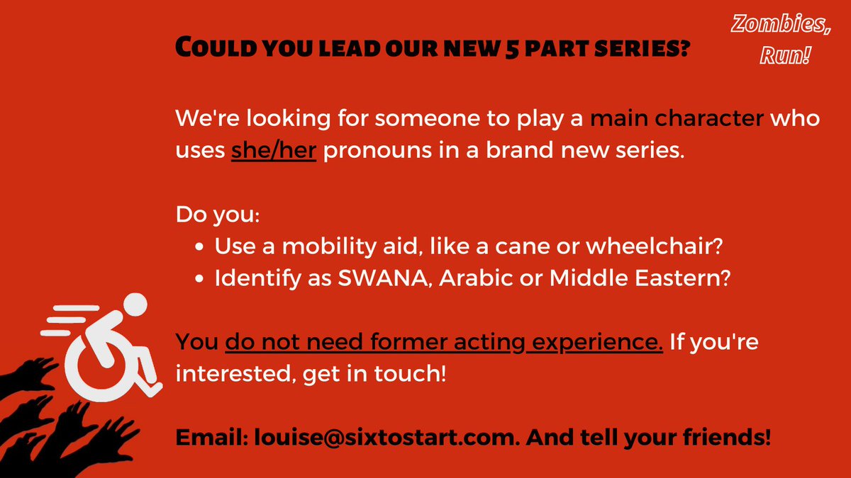 RunWithZRX's tweet photo. We’re casting again!
This is a paid, lead role in a 5 part series for a character who uses she/her pronouns.
We’re specifically looking for someone who:
🤎 Identifies as SWANA, Arabic or Middle Eastern
♿ Uses a mobility aid
Please share! See more below.
#VoiceActor #CastingCall https://t.co/GGwZHmLWQG