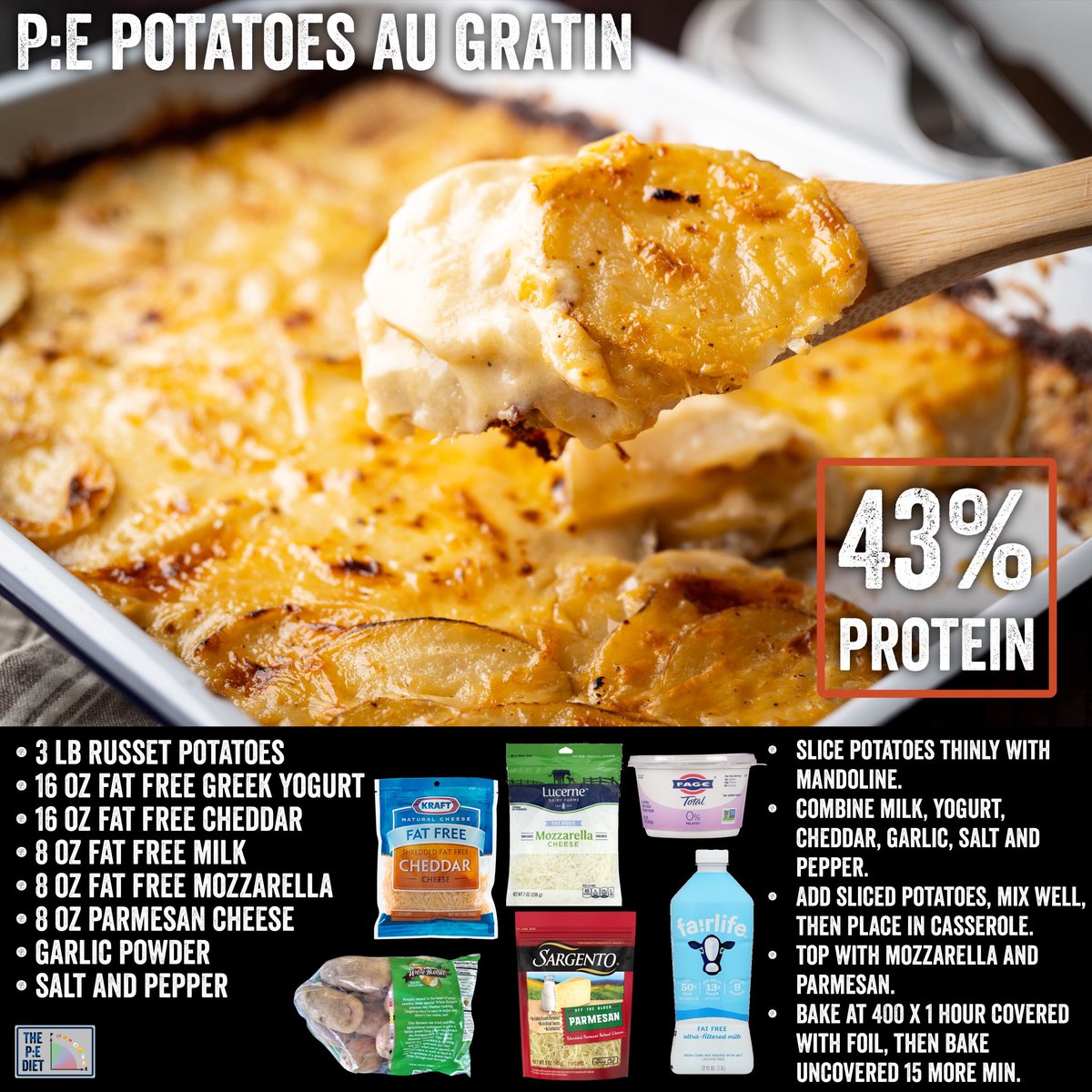 →🧀🥔 RECIPE 🥔🧀←

Potatoes have two problems.

First, the P:E ratio is a bit low.

Second, they are bland by themselves so we usually combine them with equal calories from fat, making something horribly obesogenic.

This new recipe of mine solves both problems simultaneously!