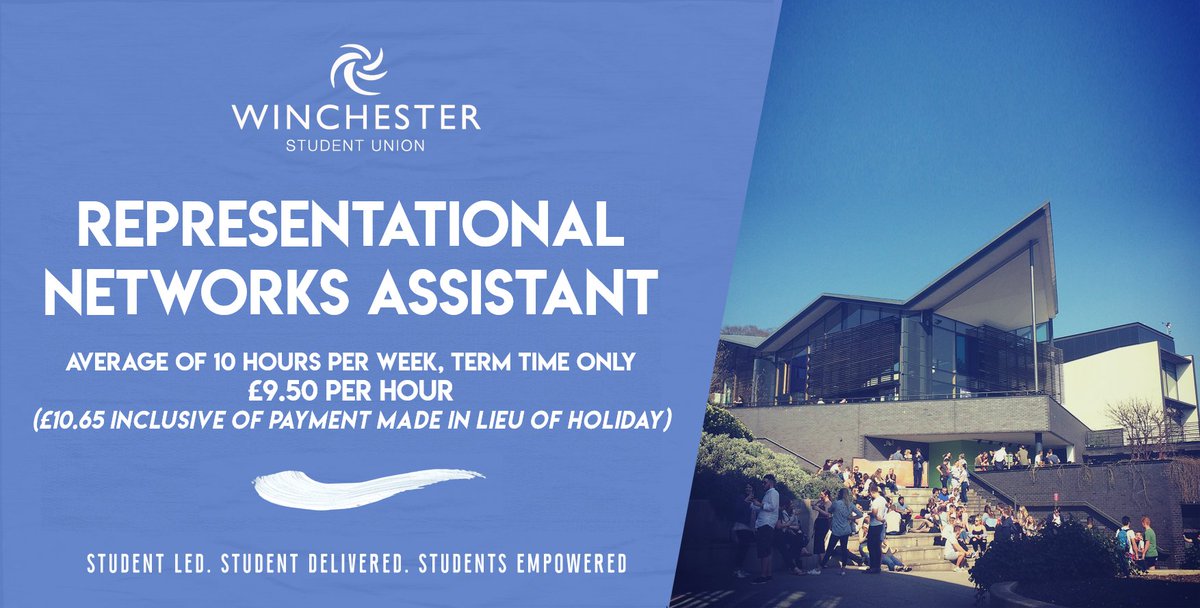 winchestersu's tweet photo. Applications are open for our part-time student staff post of Representational Networks Assistant, who will work in the Student Union offices alongside the elected officers and staff in the Activities Zone. For more information and to apply visit: https://t.co/Ze8fK1eFvZ https://t.co/spL9gK1MUU