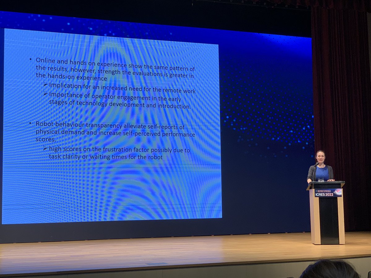 DrFletchSarah's tweet photo. Great first day #ICRES2022! A wide range of robot ethics issues… and the brilliant @IEimontaite presented new empirical data from @SherlockH2020 showing how to optimise training for human-robot collaboration #robot #ethics @cranfield_iphf @CranfieldUni #manufacturing #robotics https://t.co/wEklPG1New
