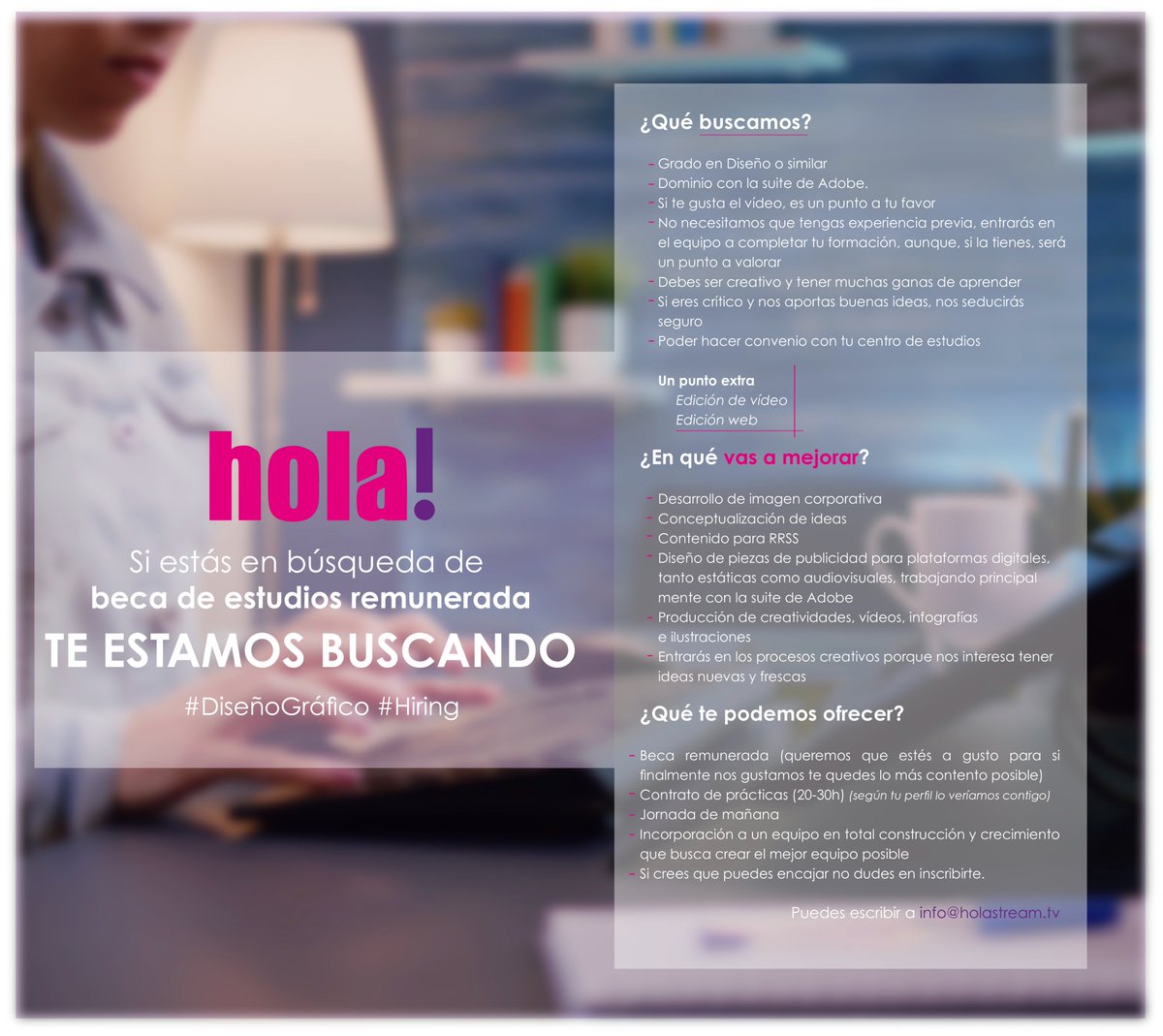 ¡Estamos buscando talento! Si sabéis de alguien que le apetezca unirse a nuestro equipo con beca remunerada, estamos encantados.

#talento #diseñográfico #becaRecumenda