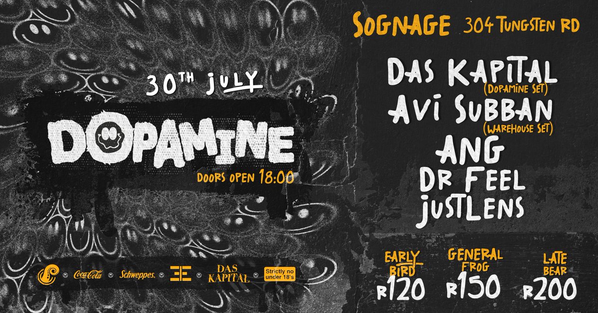 Next weekend we launch DOPAMINE at Sognage in Joburg.

A new experience by CHERCH and DAS KAPITAL blurring the lines between AFRO and RAVE.

EARLY BIRD TICKETS — sognage.com/online-store/D…