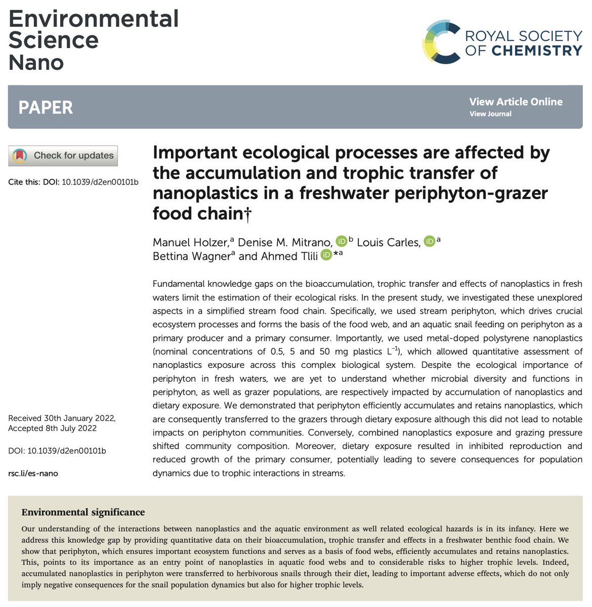 Moving beyond single-organism exposure studies, we assessed nanoplastics uptake through and impacts on a freshwater food chain. Check it out! doi.org/10.1039/D2EN00…