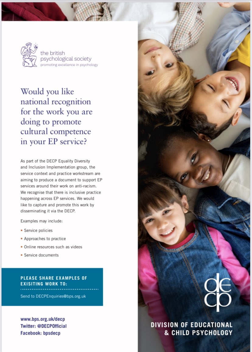 BPS DECP (@decpofficial) on Twitter photo Would you like to share the work you are doing within your EP Service to promote cultural competence? #twittereps
You can share examples of existing work by sending this to: DECPEnquiries@bps.org.uk Would you like to share the work you are doing within your EP Service to promote cultural competence? #twittereps
You can share examples of existing work by sending this to: DECPEnquiries@bps.org.uk