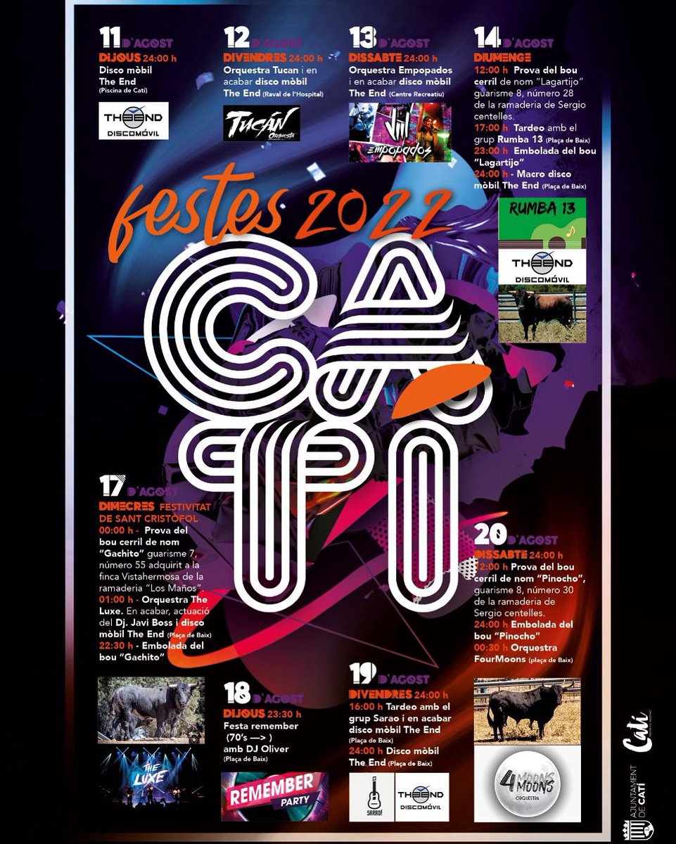CatiMaestrat's tweet photo. 🎉 Ací tenim un avanç de les FESTES MAJORS 2022... Vos esperem de l'11 al 21 d'agost!😎

@AltMaestrat  @turcastellon 
@c_valenciana #Turisme #Catí #TresorDelMaestrat #altmaestrat #provinciadecastellon #ComunitatValenciana #poblesdecastelló #recorriendocastellon #Castellón https://t.co/JMkvN0NG9K