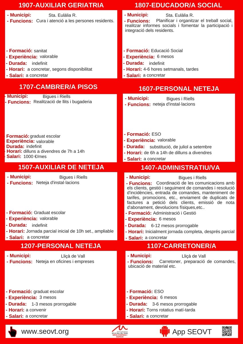 📢Ofertes de feina! El <a href="/SEOVT/">SEOVT</a>  t'ho posa fàcil. 
Aquí tens les ofertes d'aquesta setmana.
Més informació: seovt.org/ofertes-seovt
<a href="/ajllissadevall/">Ajuntament de Lliçà de Vall</a> <a href="/llicamunt/">Ajuntament de Lliçà d'Amunt</a> <a href="/ajsantaeulalia/">Ajuntament de Santa Eulàlia de Ronçana</a> <a href="/BiguesiRiells/">Bigues i Riells del Fai</a>