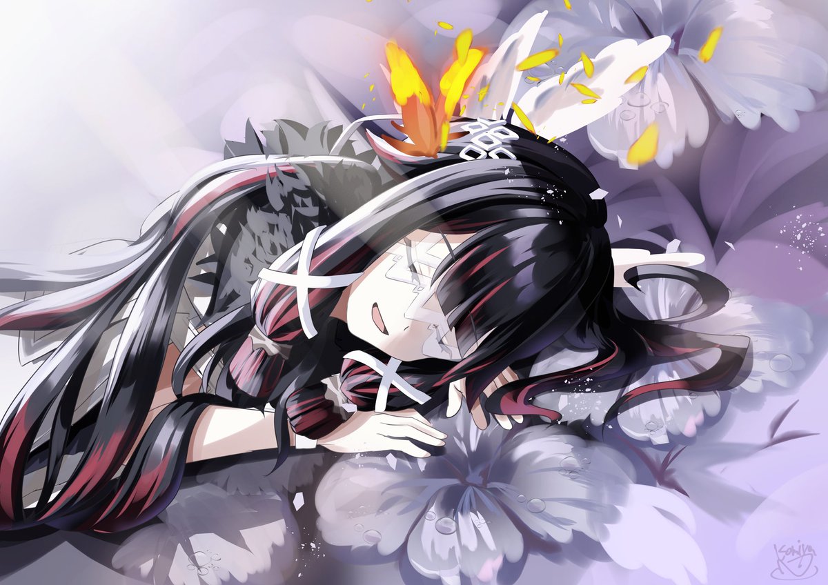 1girl closed eyes solo black hair smile long hair lying  illustration images