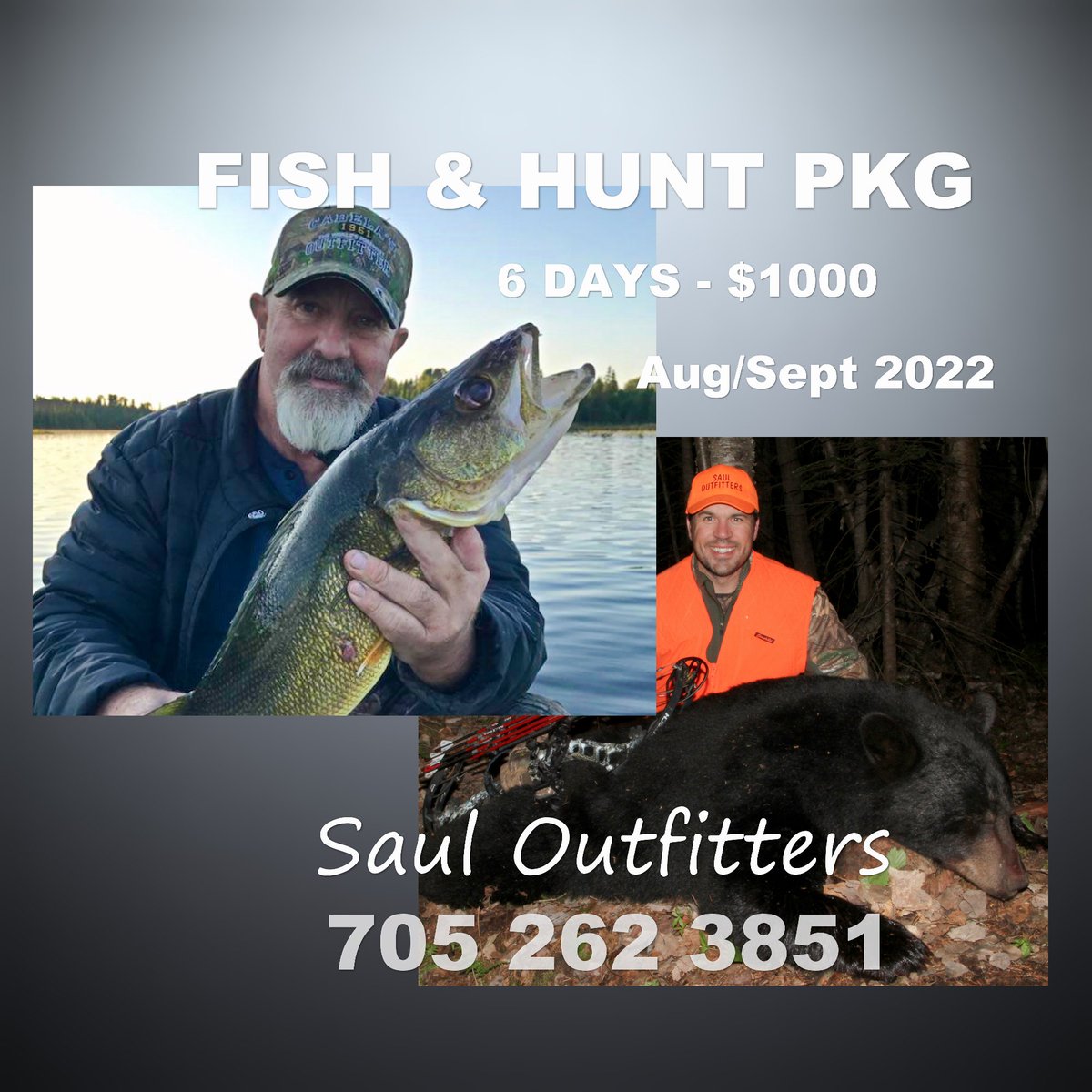 Outfitters Camps - Boats Motors Gas - Bear Bait Stations
1 705 262 3851 - Byron 
#SaulOutfitters
#BearHunting
#Fishing
#HuntOntario 
<a href="/NeOntario/">Northeastern Ontario</a>