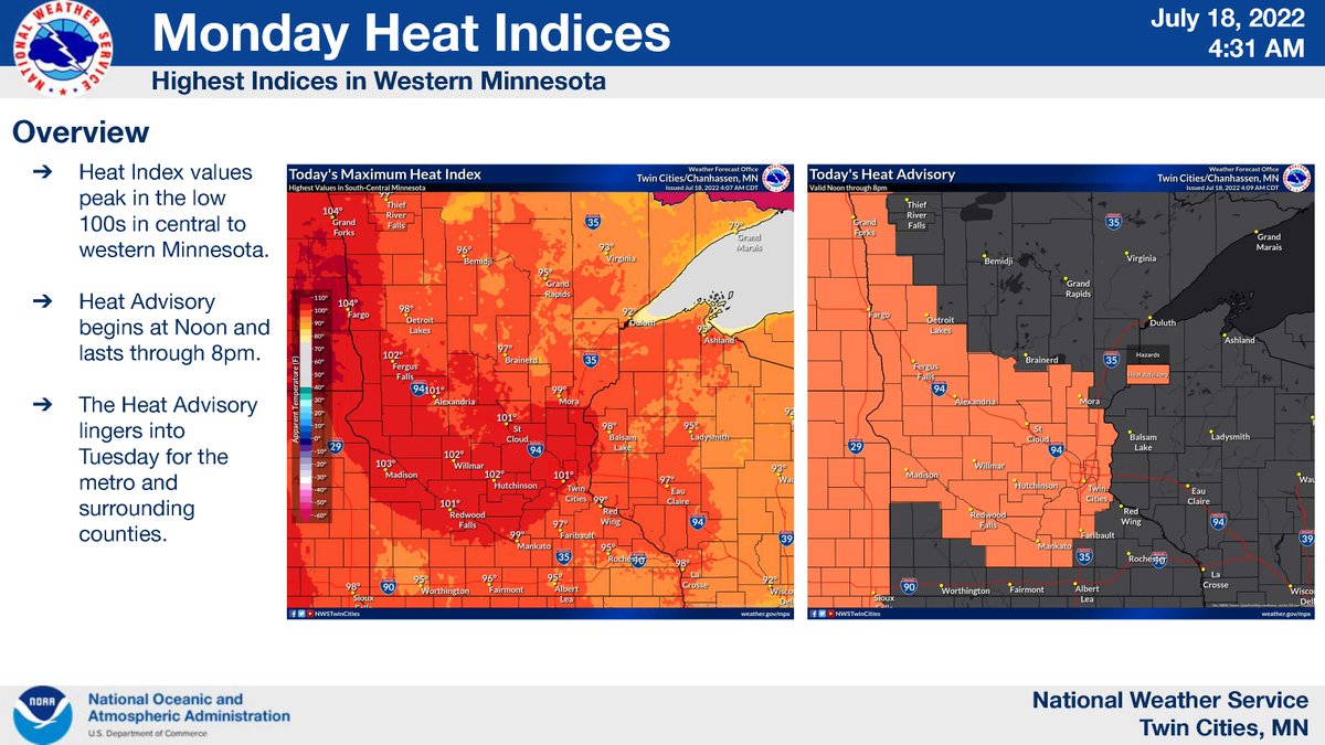 With temperatures expected in the mid- to upper-90s and a heat index of more than 100 degrees for at least the next three days, the National Weather Service has issued a Heat Advisory for much of central Minnesota, including Wright County. https://t.co/ldvj1WIk2z