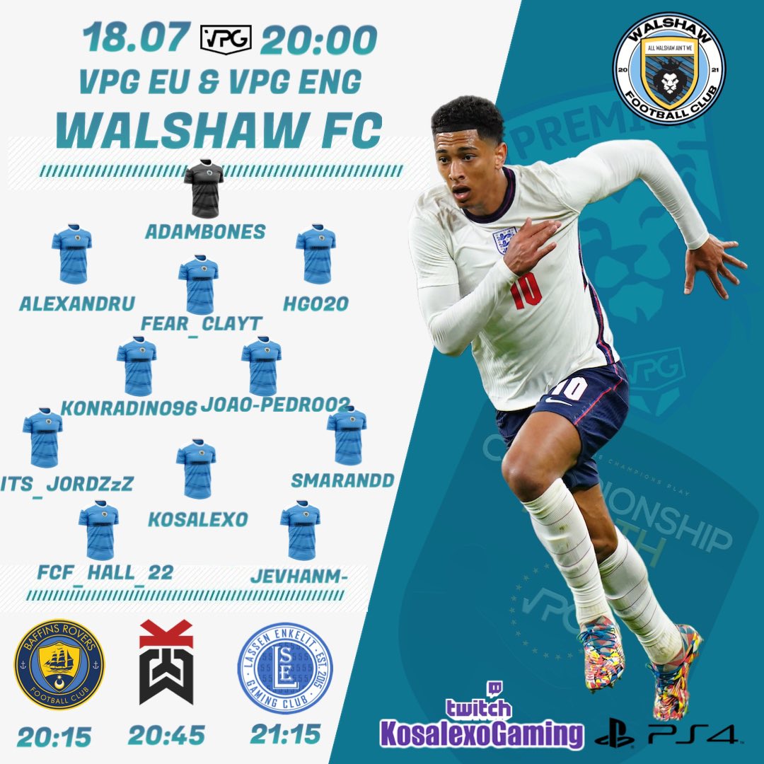 Tonight’s line up &amp; fixtures in <a href="/OfficialVPG/">Virtual Pro Gaming</a> for <a href="/VPGEurope/">Virtual Pro Gaming | Europe</a> <a href="/VPGUK/">VPG United Kingdom</a> 

Let’s go Walshaw 🔵⚪️