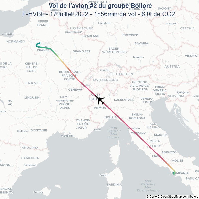 Hier, triple vol en moins de 5h pour l'avion de Vincent Bolloré hier: 
16h05: Toulon --> Paris (fin de weekend à la mer)
18h04: Paris --> Naples (arrêt de moins de 2h30)
20h31: Naples --> Paris (agréable de dormir chez soit après une belle journée à 16 tonnes de CO2)
#canicule