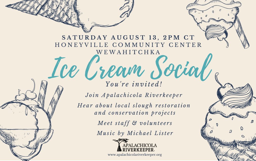RT ApalachRiver "Make your Saturday a littler sweeter on August 13th, 2PM CT. Come over to Wewahitchka for some ice cream and music. Learn about our work including restoring flow in Douglas Slough, Spiders Cut and East River. Current estimates are th… "